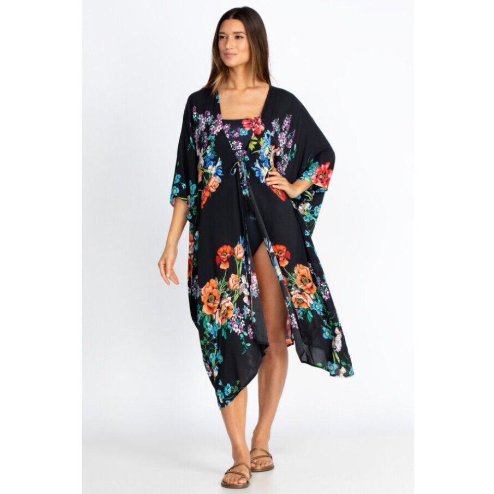 Jonny Was Flowers Arch Midi Kimono Rayon Floral Black Swim Suit Dress S/M NEW
